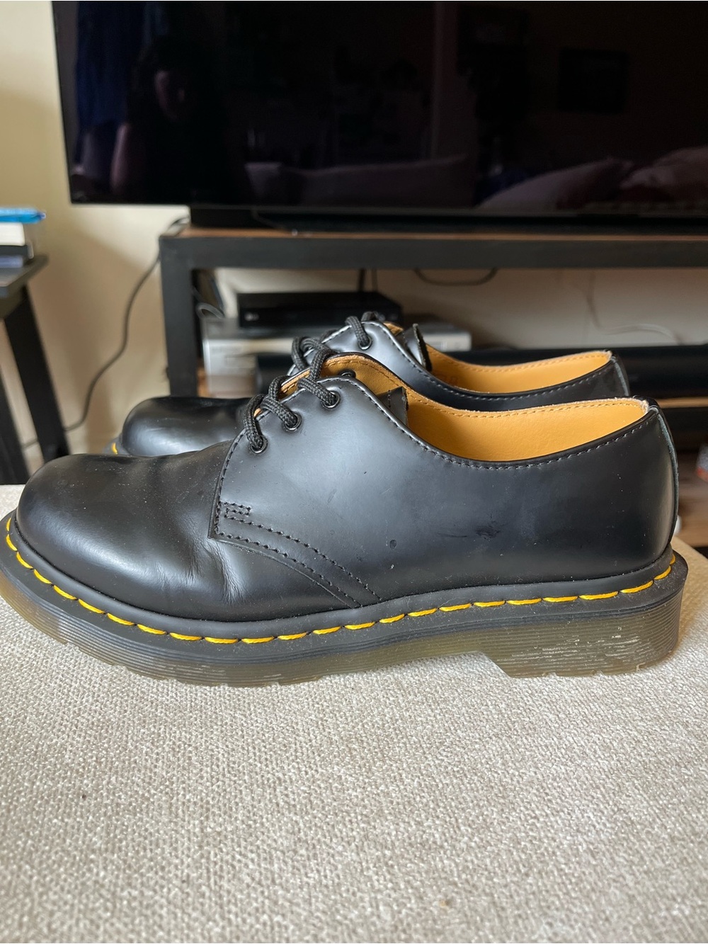 Dr. Martens Black Leather Lace-Up Derby with Yellow Stitching